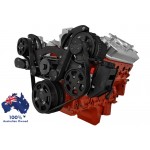 GM HOLDEN CHEVY LS 1,2,3 AND 6 ENGINE SERPENTINE KIT - AC AIR COMPRESSOR, ALTERNATOR & POWER STEERING PULLEY AND BRACKETS BLACK FINISH SUIT ELECTRIC WATER PUMP MID MOUNT